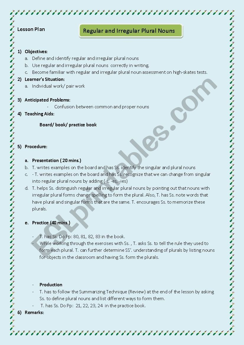 Lesson Plan Grade 5 (Regular And Irregular Plural Nouns