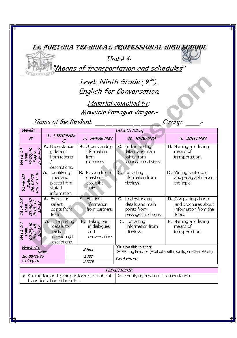 Lesson Plan Means Of Transportation, Englis For