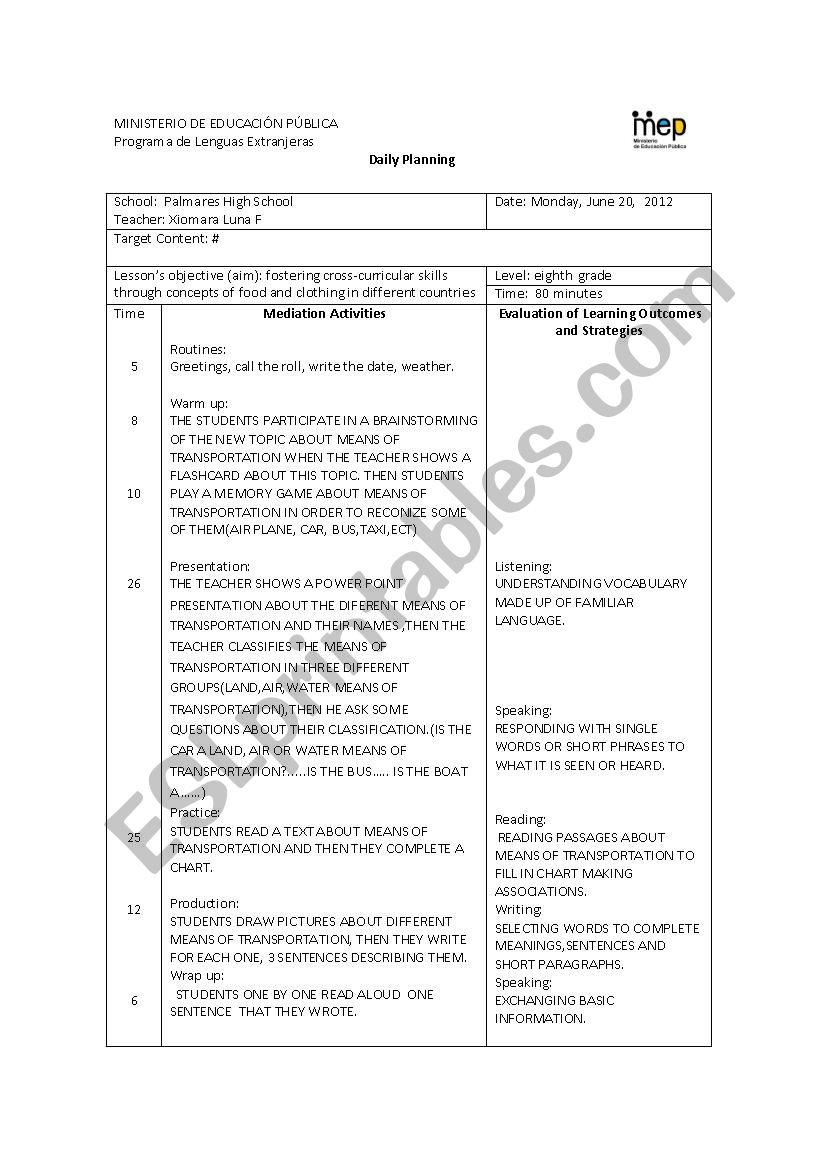 Lesson Plan Means Of Transportation - Esl Worksheetxioluna