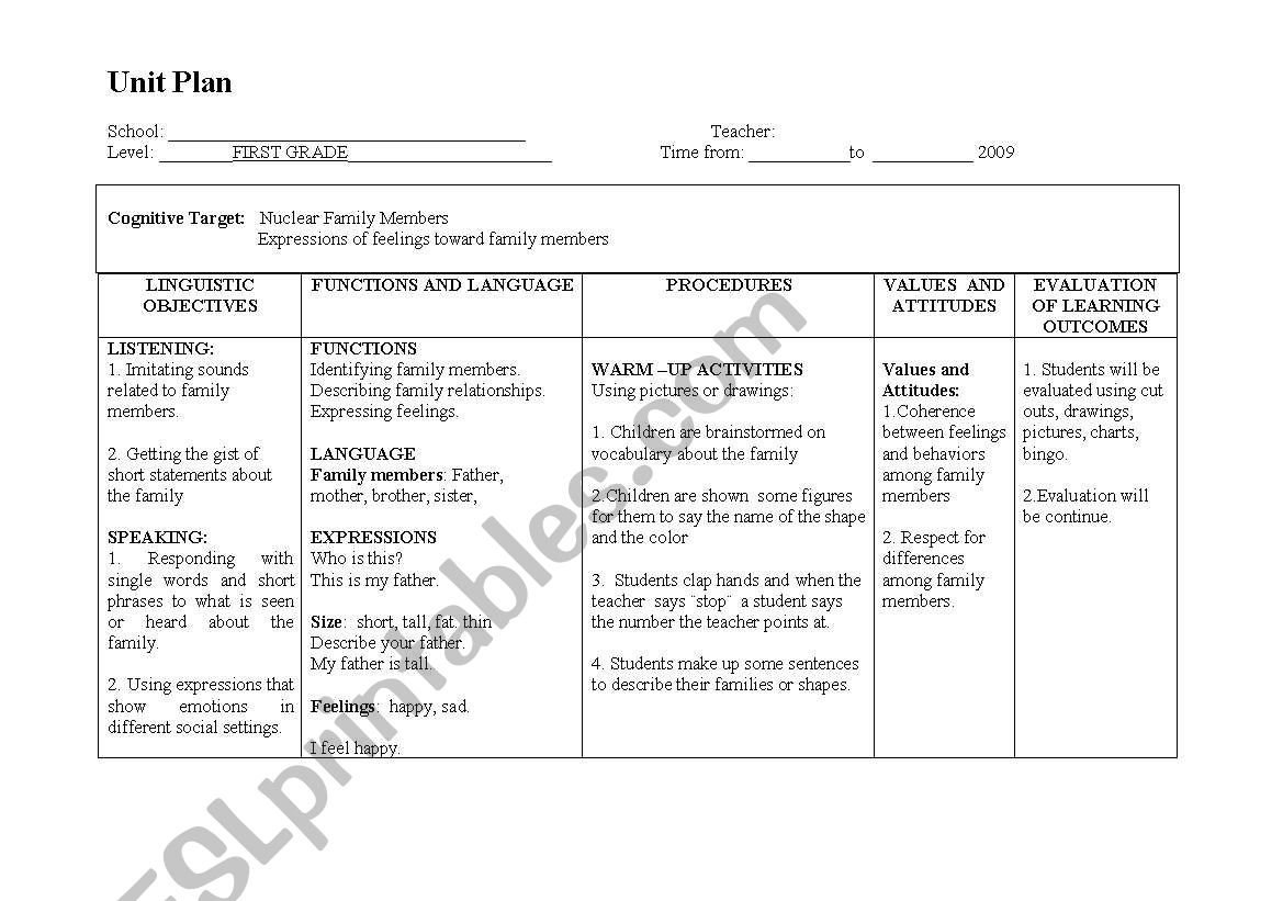 Lesson Plan My Family (First Garde) - Esl Worksheet