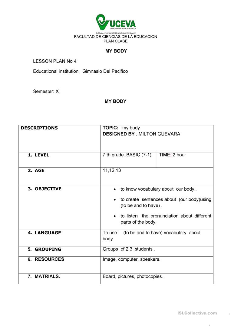 Lesson Plan No 4 My Body - English Esl Worksheets For