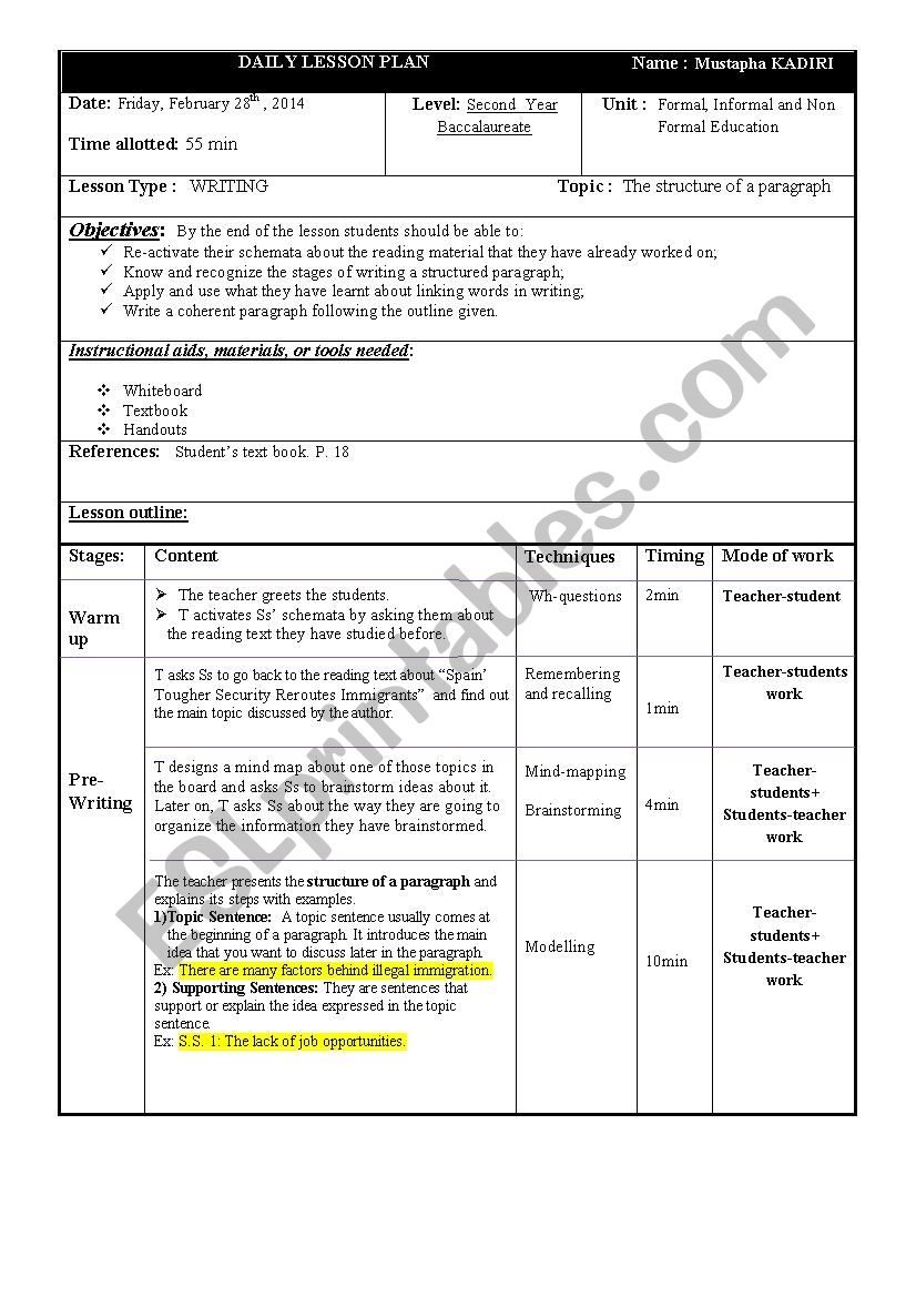 Lesson Plan On Writing; The Structure Of A Paragraph - Esl