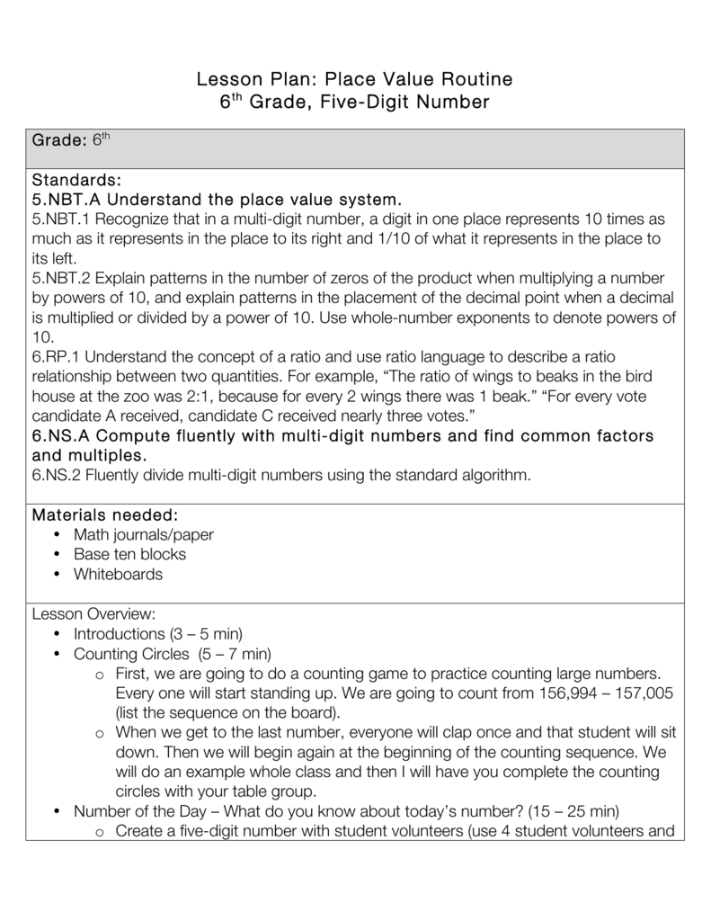 Lesson Plan: Place Value Routine 6Th Grade, Five