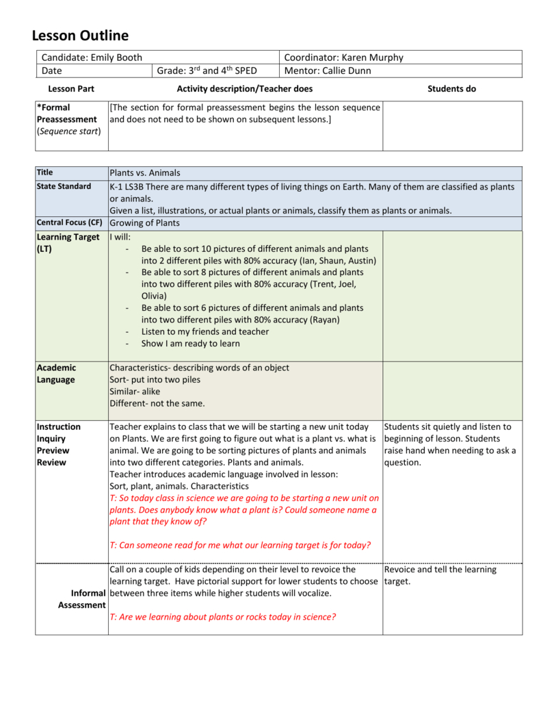 Lesson Plan Plants Vs Animals