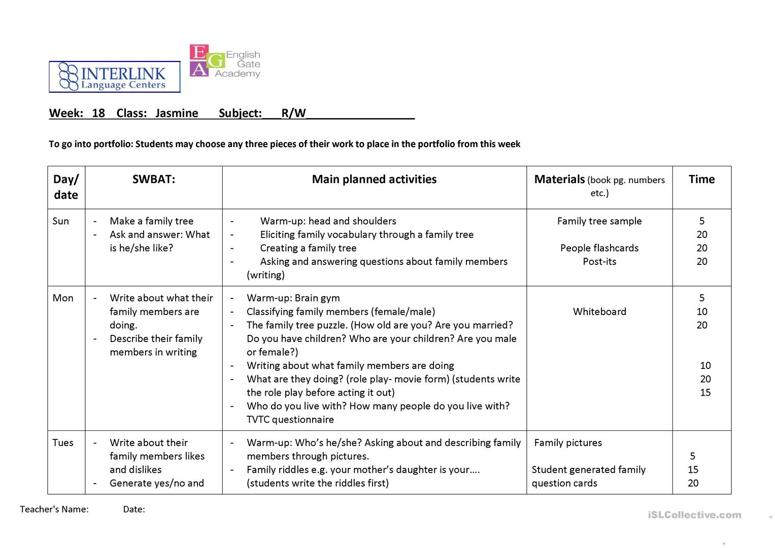 Lesson Plan Reading And Writing -Family - English Esl