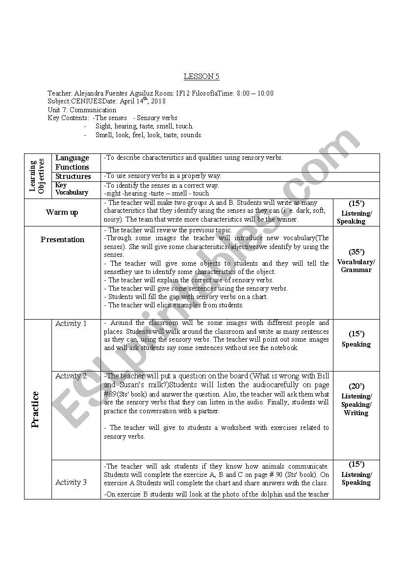 Lesson Plan Sensory Verbs The Senses, Verbs Of Sense - Esl