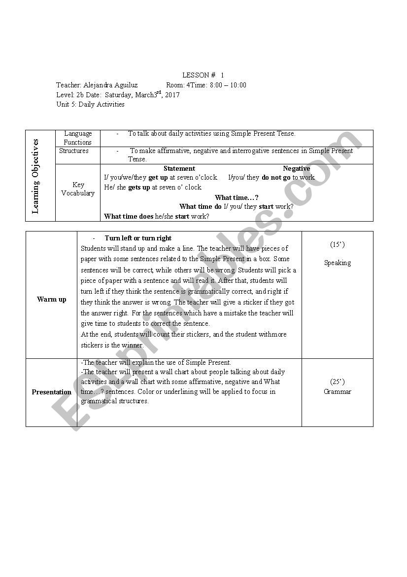 Lesson Plan Simple Present Daily Activities - Esl Worksheet