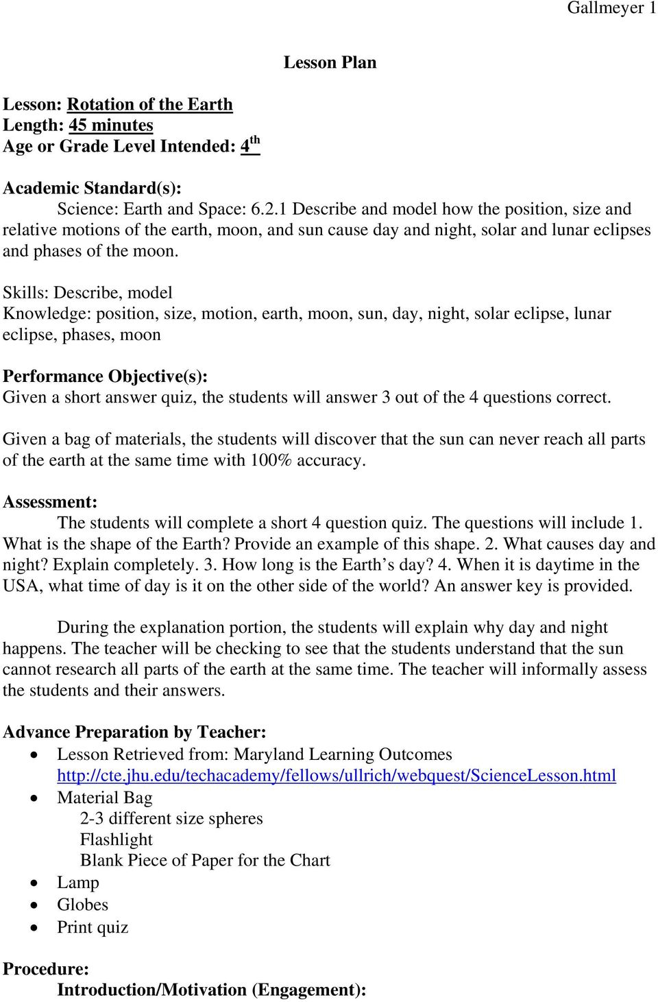 Lesson Plan. Skills: Describe, Model Knowledge: Position