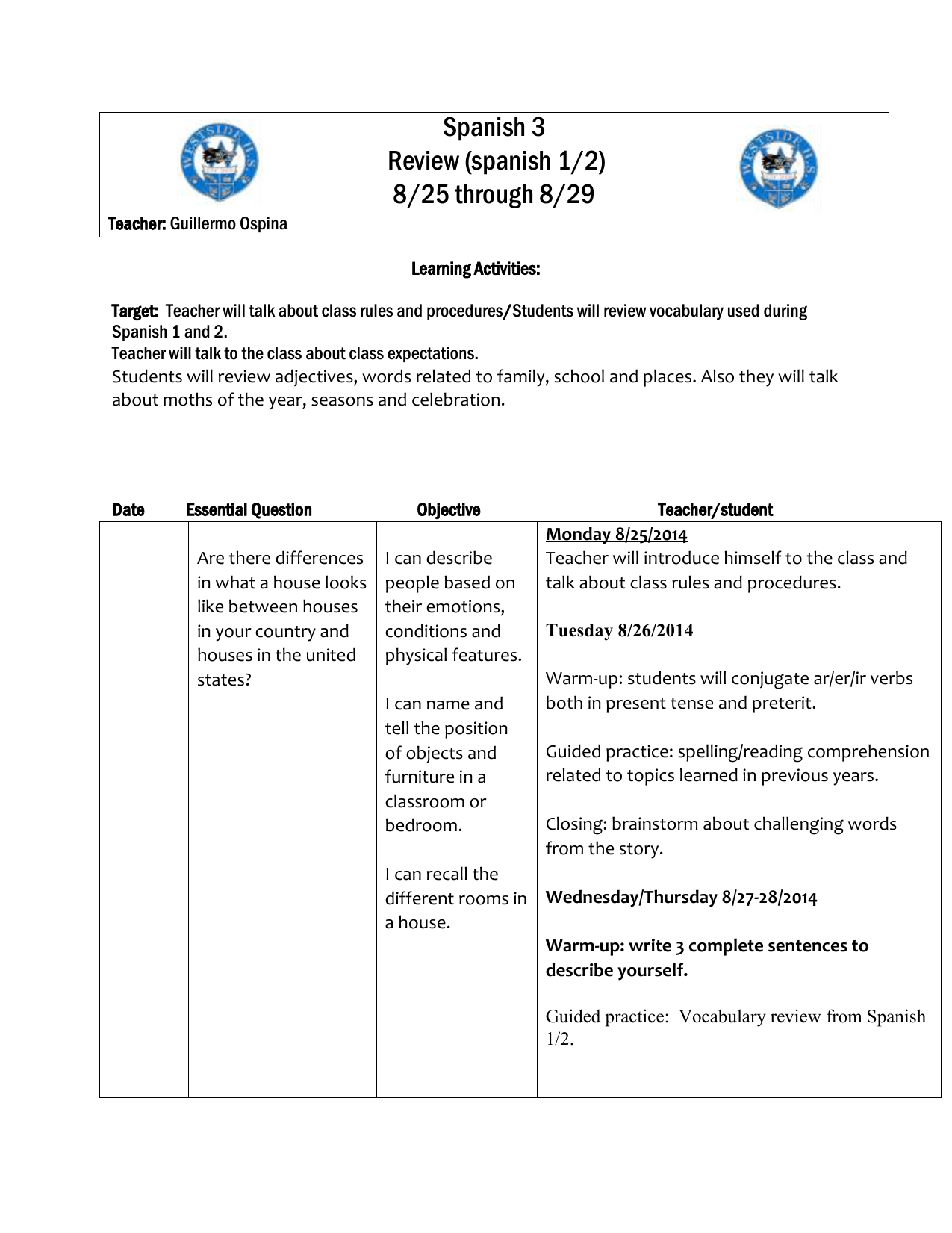 Lesson Plan Spanish 3 First Week