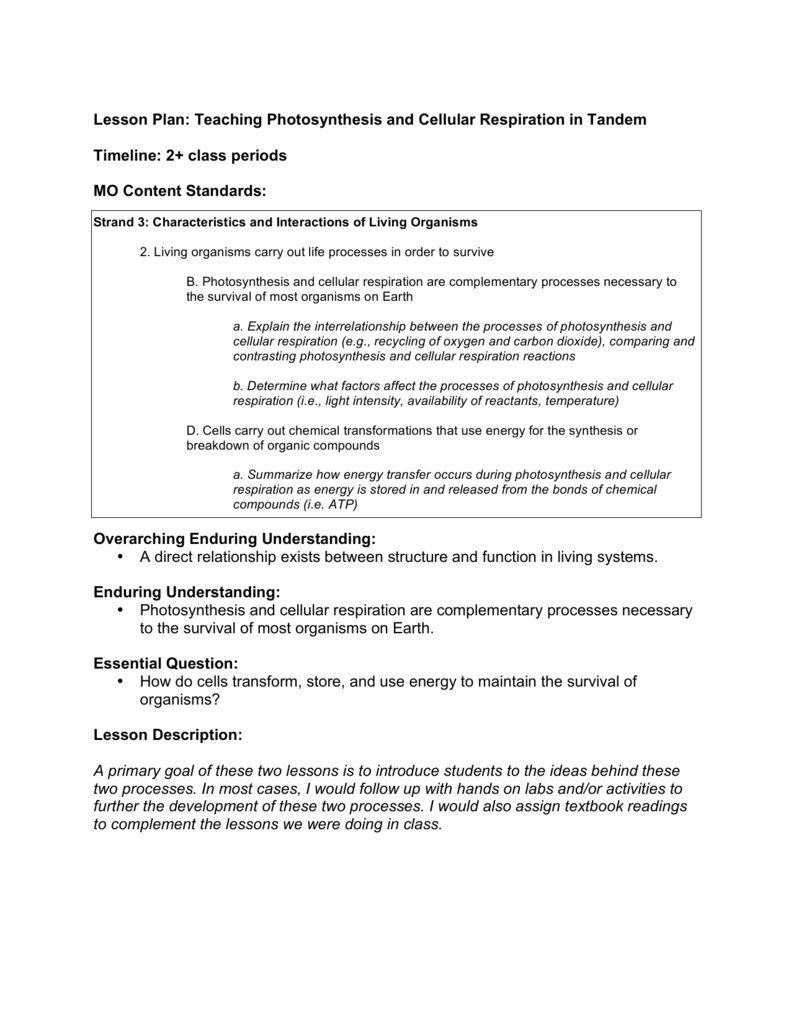 Lesson Plan: Teaching Photosynthesis And Cellular Respiration In