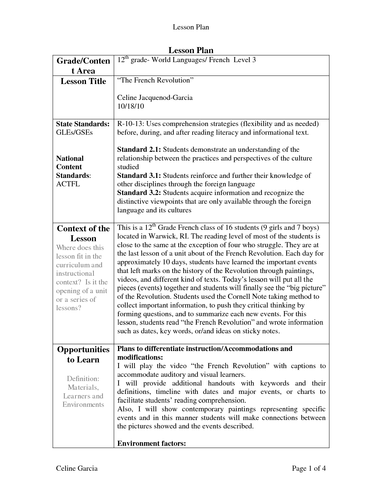Lesson Plan Template For French - Google Search | Lesson
