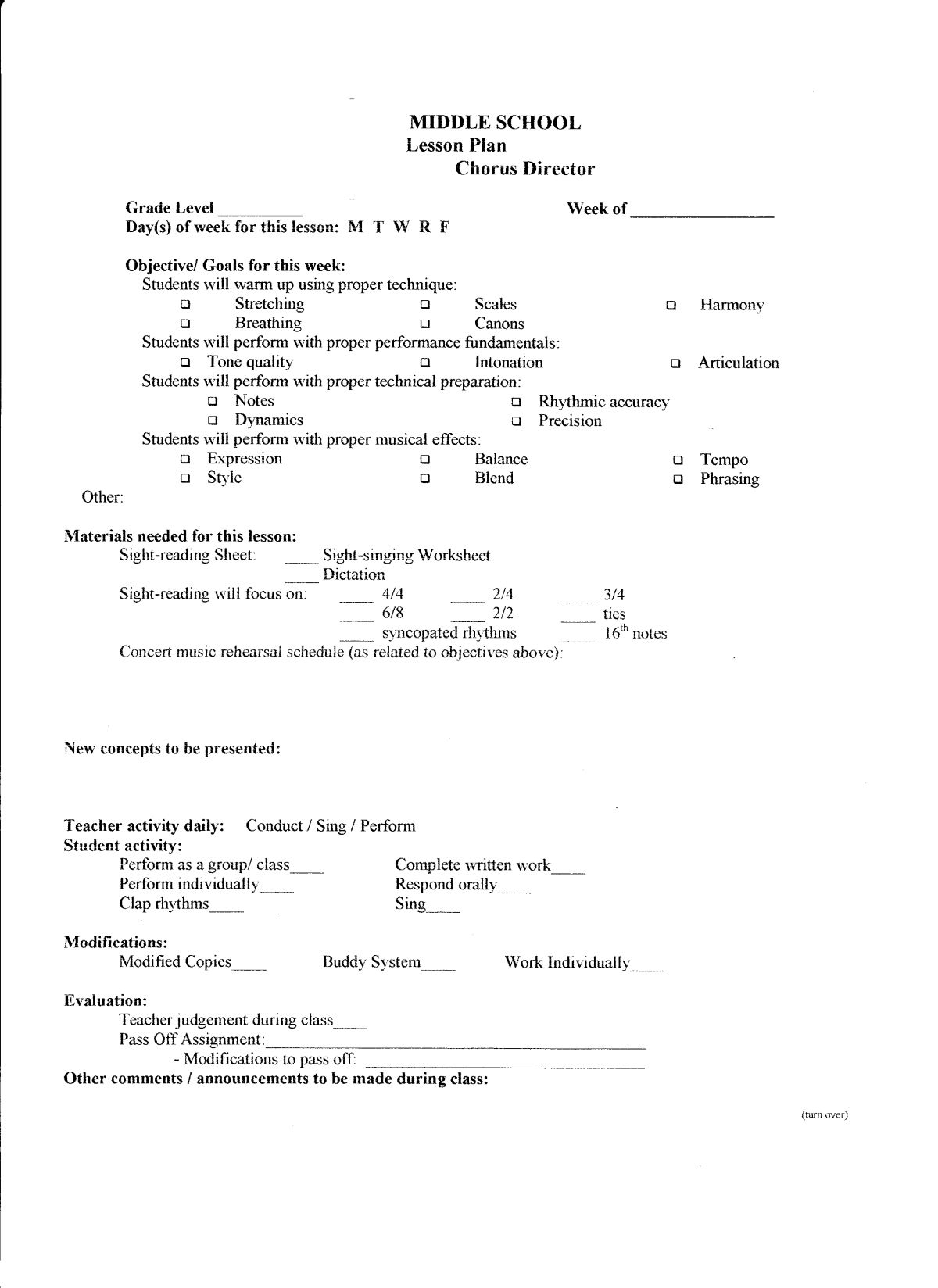 Lesson Plan Template – Middle School Chorus | Middle School