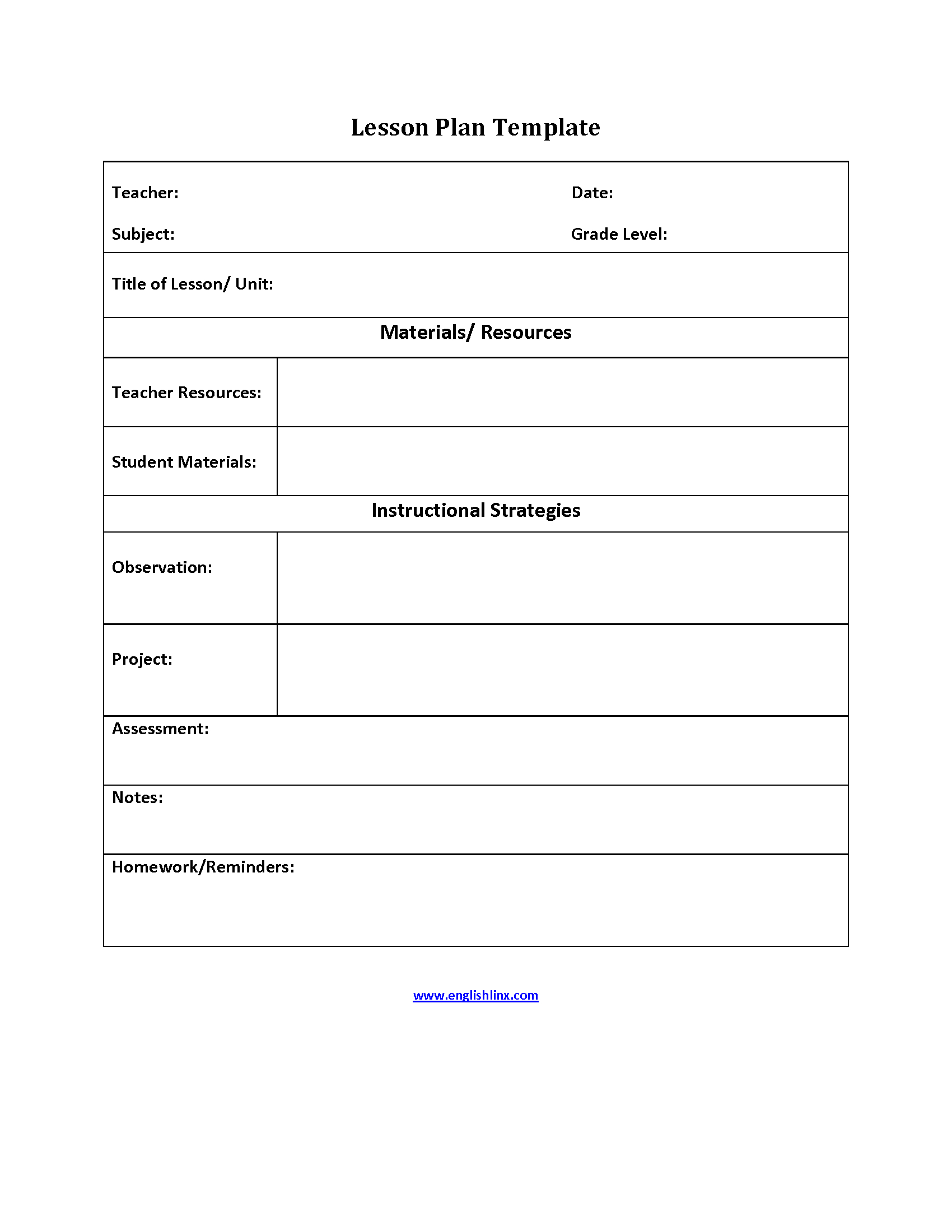 Lesson Plan Template | Simple Lesson Plan Template