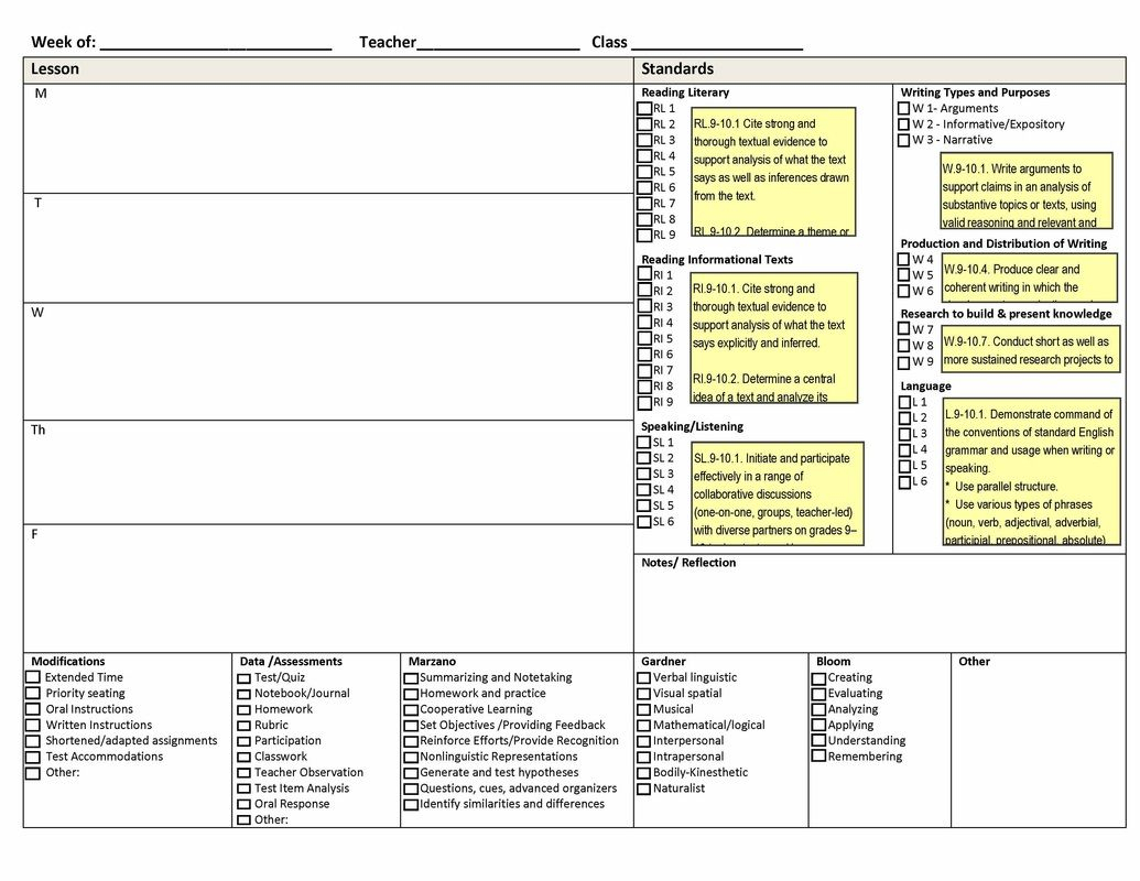 Lesson Plan Template With Ccss And Strategies To Check Off