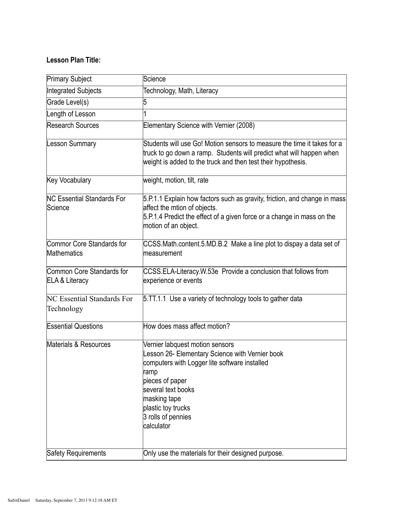 Lesson Plan Title: Primary Subject Science Integrated Subjects