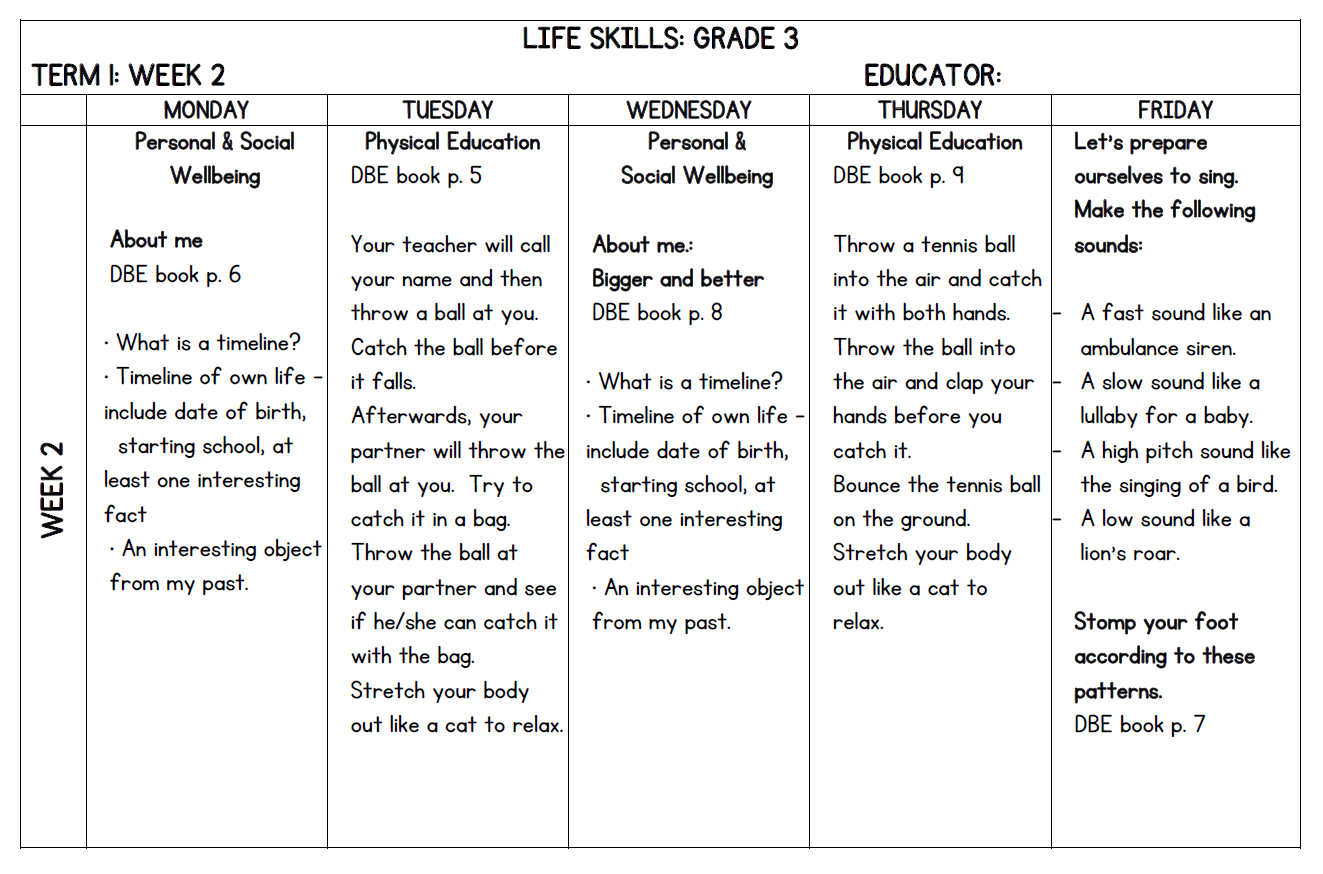 Lesson Planning Life Skills Grade 3 Term 1