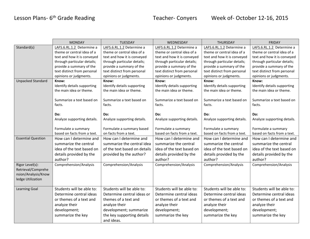 Lesson Plans- 6Th Grade Reading Teacher