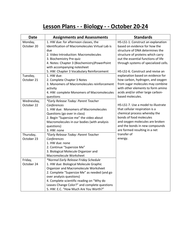 Lesson Plans - - Biology - - October 20