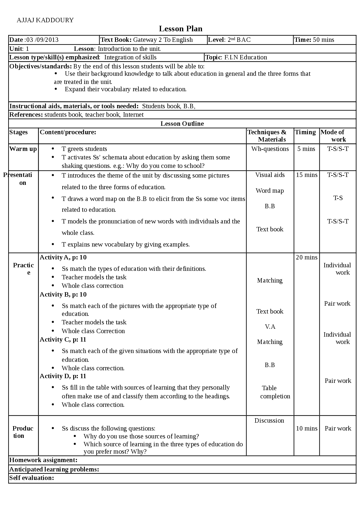 Lesson Plans For Bac Students - Docsity