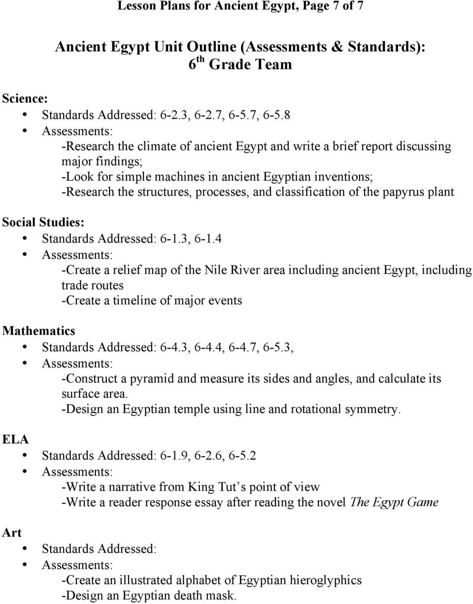 Lesson Plans For Interdisciplinary Unit: Ancient Egypt - Pdf