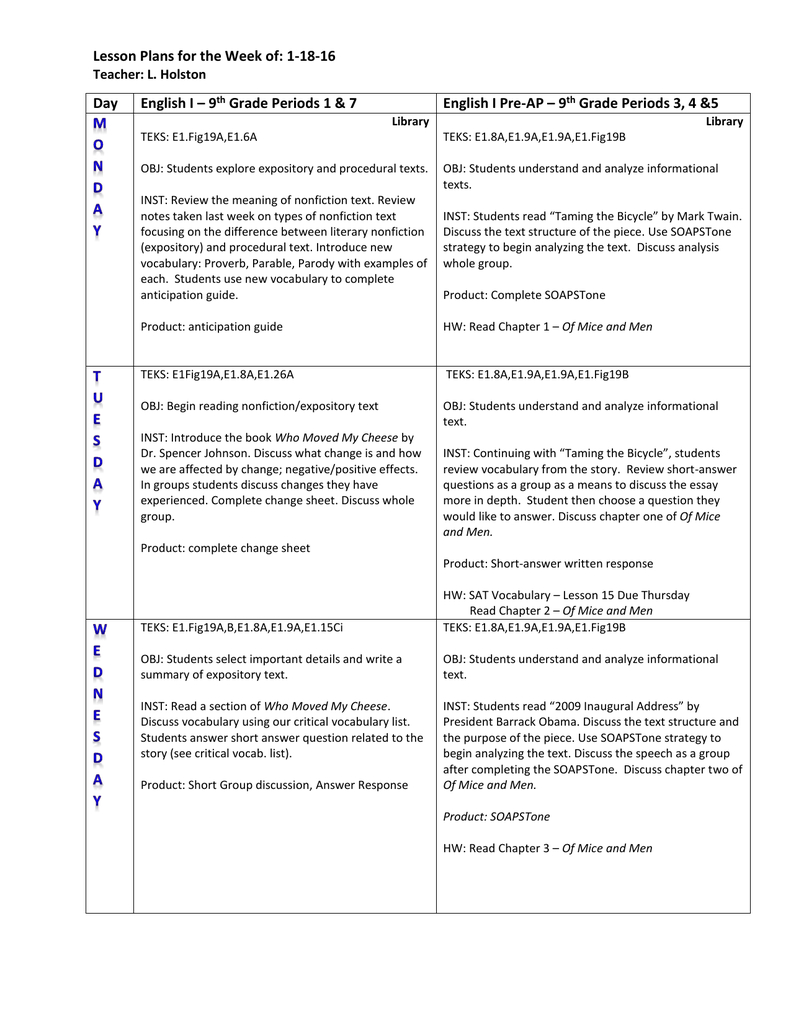 Lesson Plans For The Week Of: 1-18