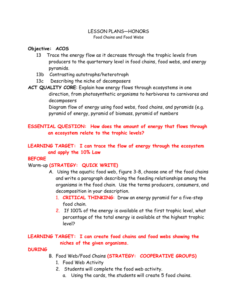 Lesson Plans—Honors Food Chains And Food Webs