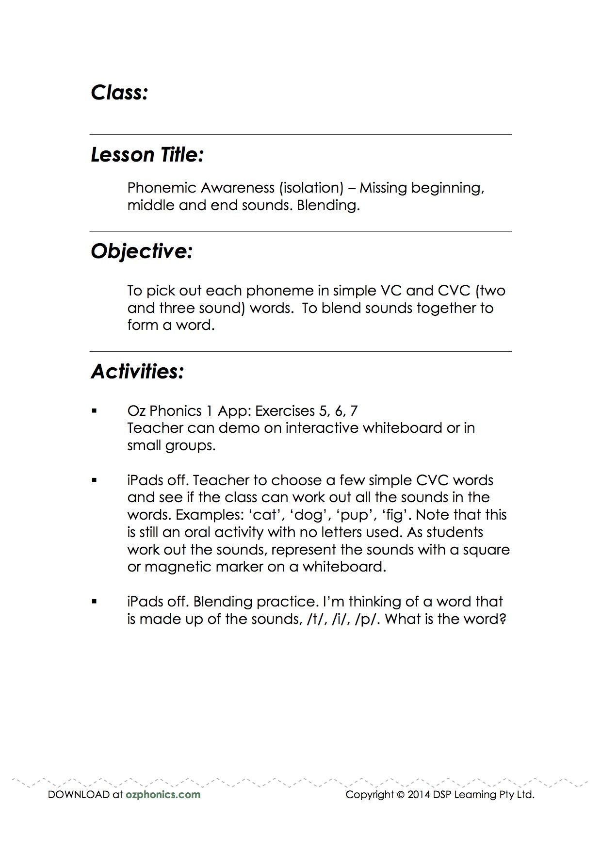 Lesson Plans - Phonemic Awareness. Missing Beginning, Middle