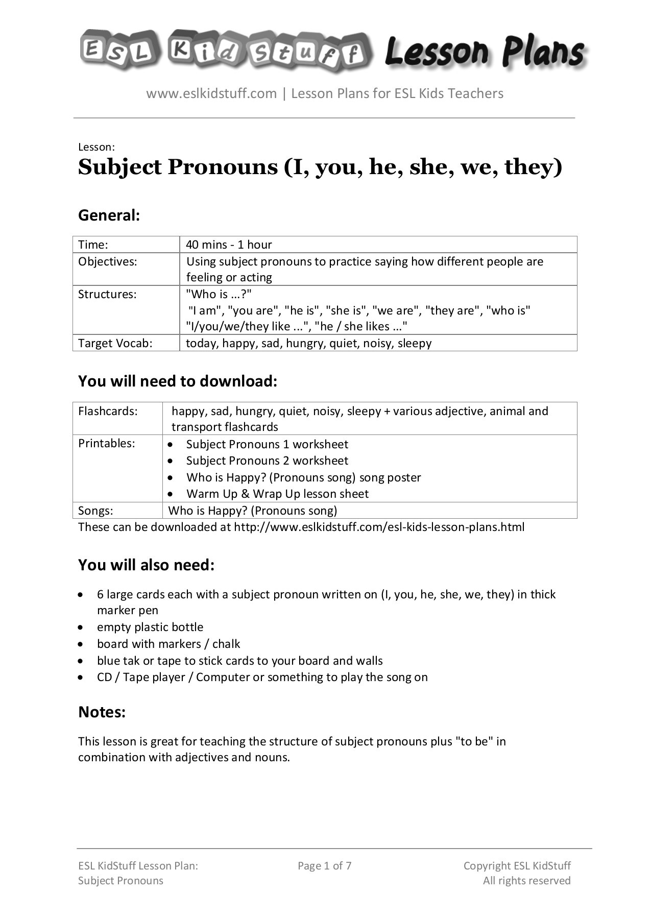 Lesson: Subject Pronouns (I, You, He, She, We, They) Pages 1