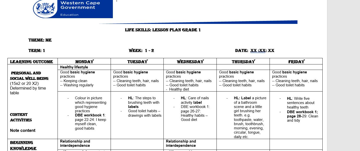 Life Skills- Lesson Plan Grade 1 | Wced Eportal