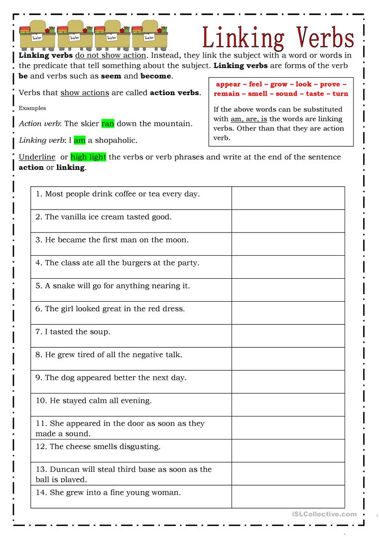 Linking Verbs - English Esl Worksheets For Distance Learning