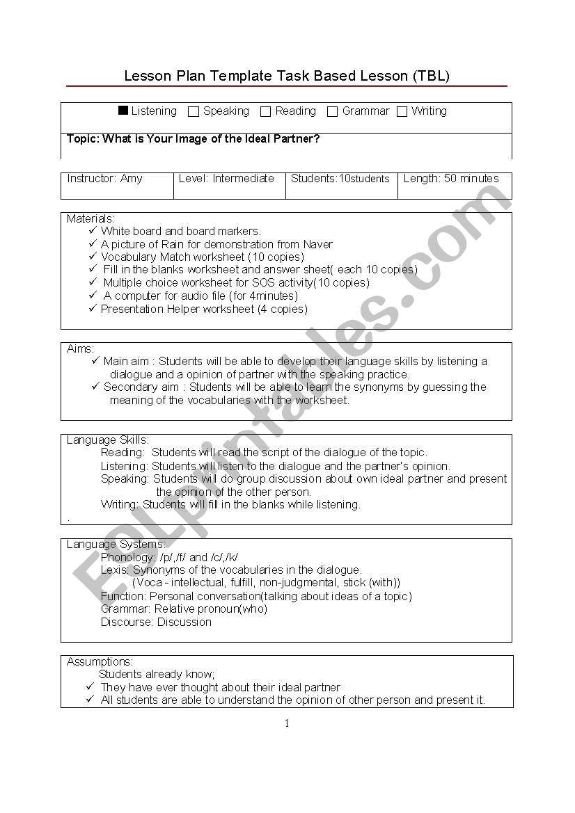 Listening Lesson Plan - Esl Worksheetsieunjung