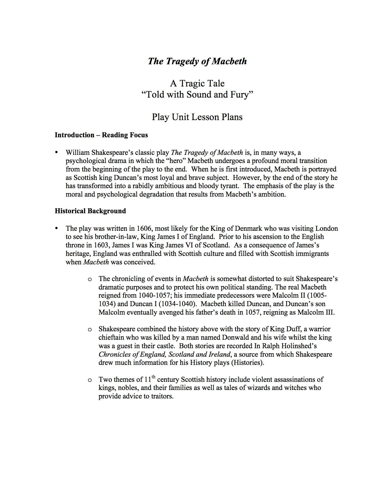 Macbeth Unit Lesson Plans - A Comprehensive Unit Study Of
