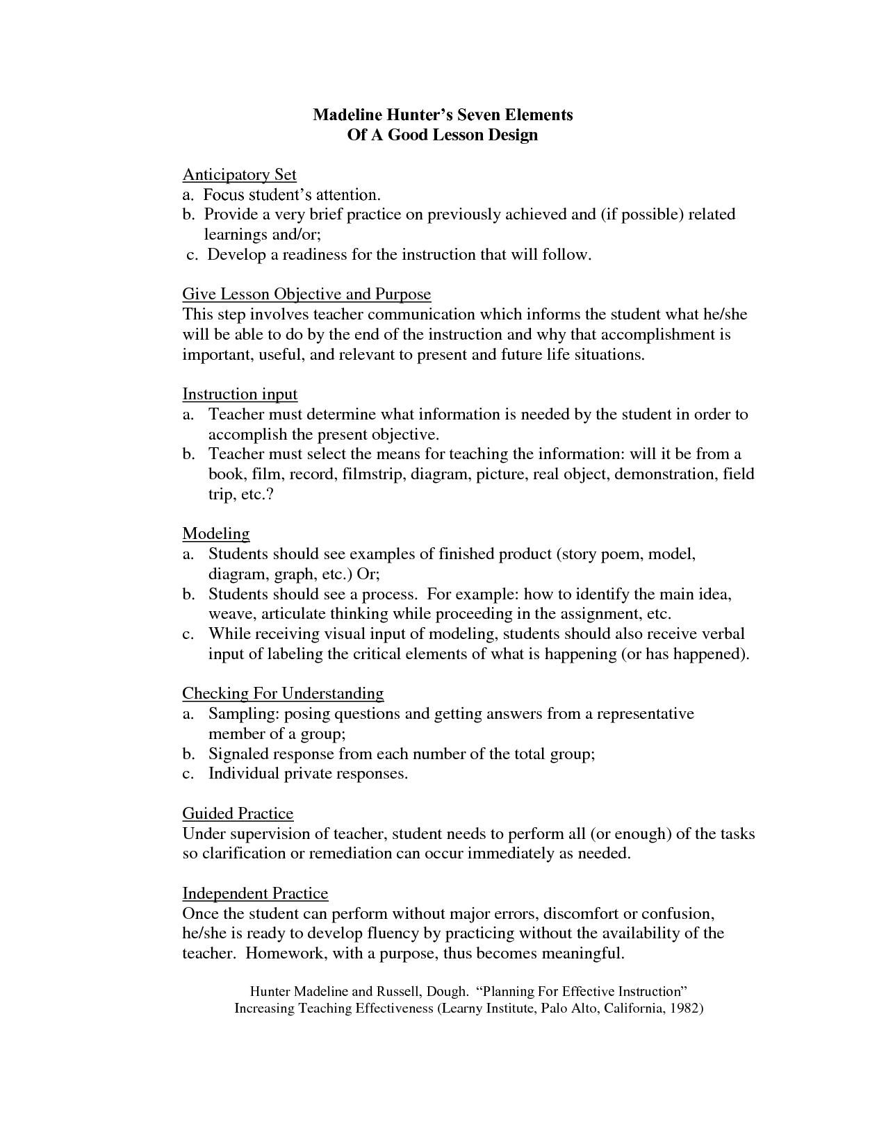 Madeline Hunter Lesson Plan Format Template - Google Search