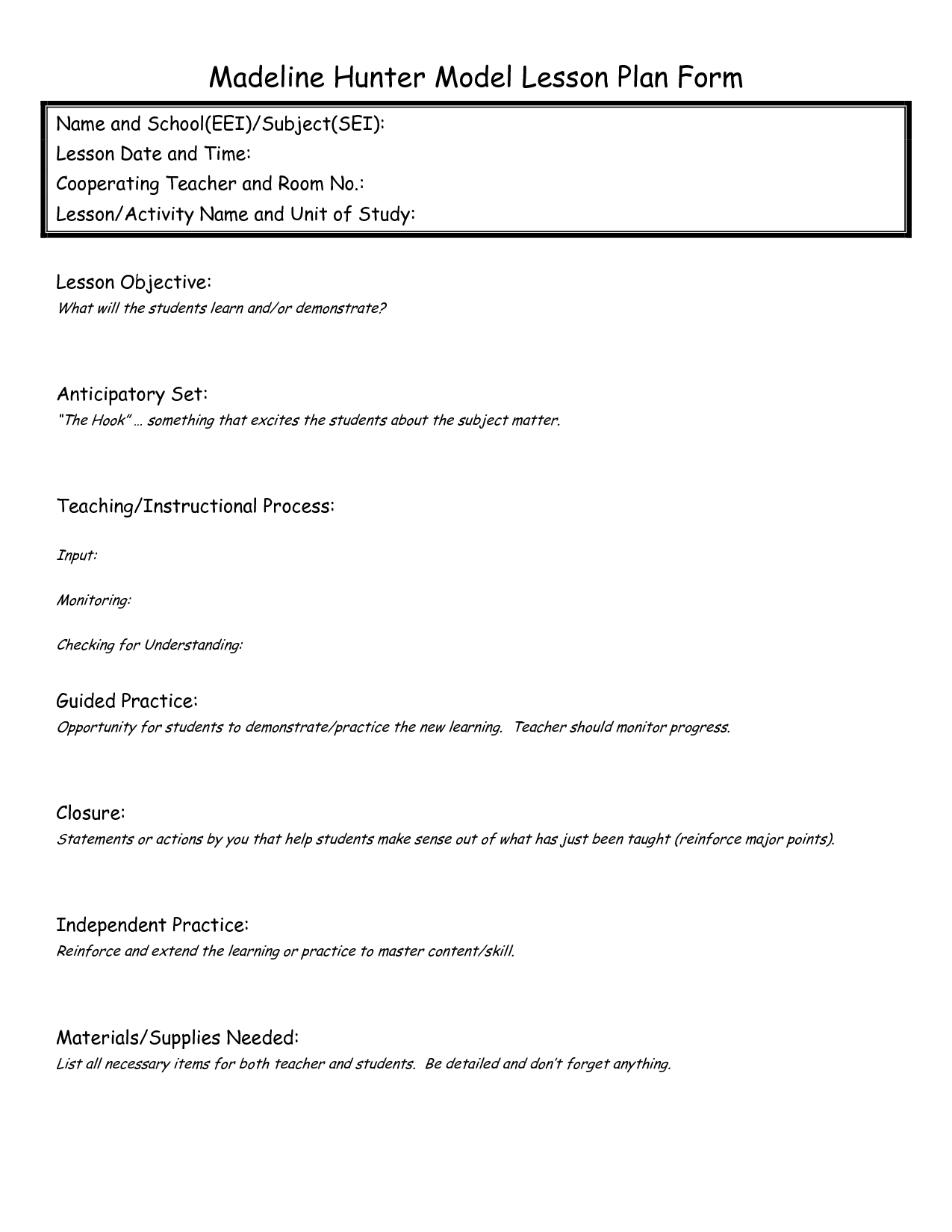 Madeline Hunter Lesson Plan Format Template - Google Search