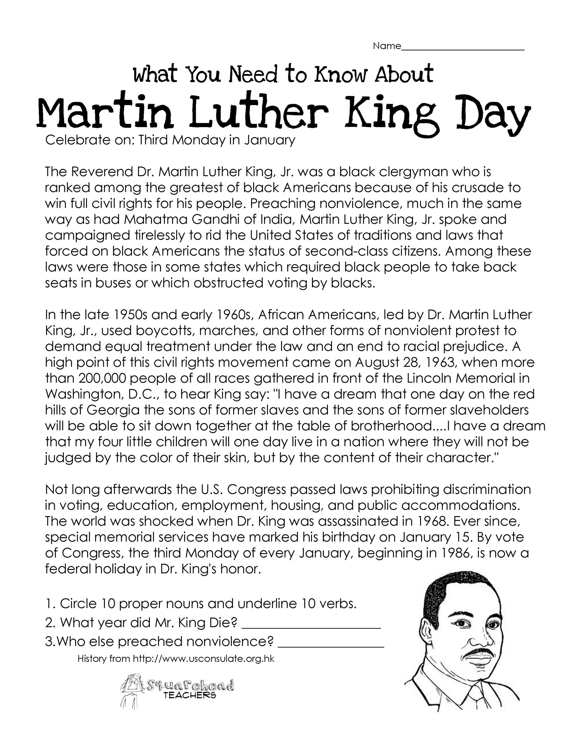 Martin Luther King Day (Free Worksheet) | Martin Luther King