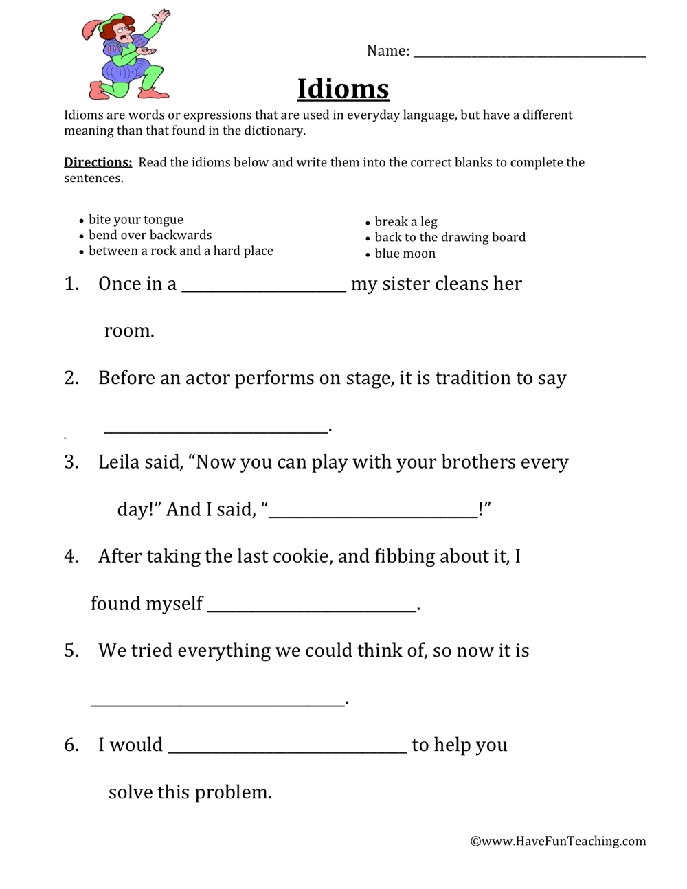 Matching Idioms Worksheet