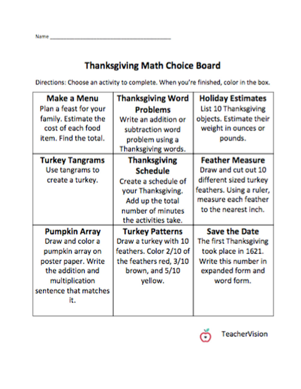 Math Thanksgiving Choice Board - Teachervision