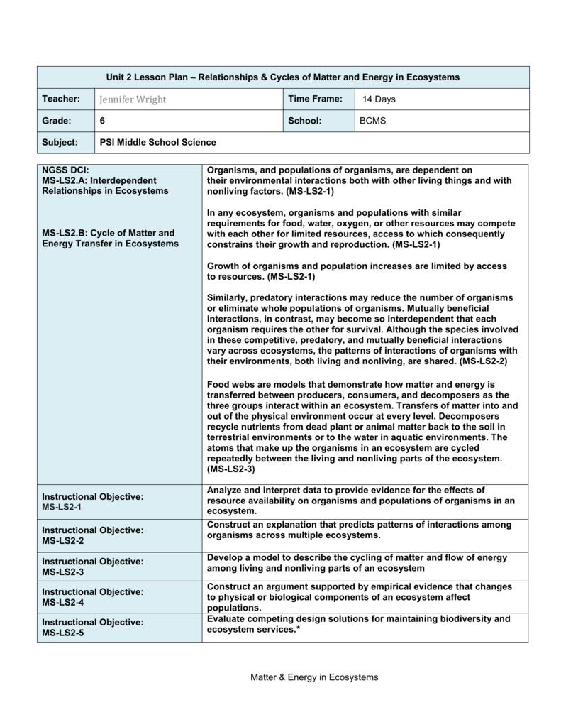 Matter And Energy In Ecosystem Unit Plan