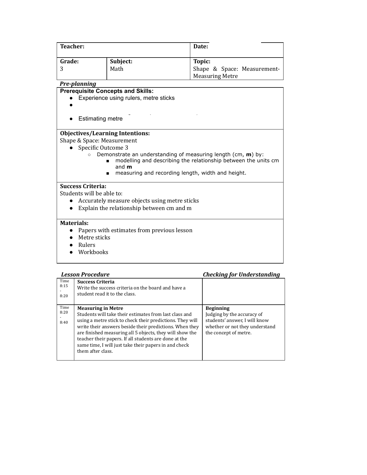 Measuring Metre Lesson Plan | Lesson Plans, How To Plan, Lesson