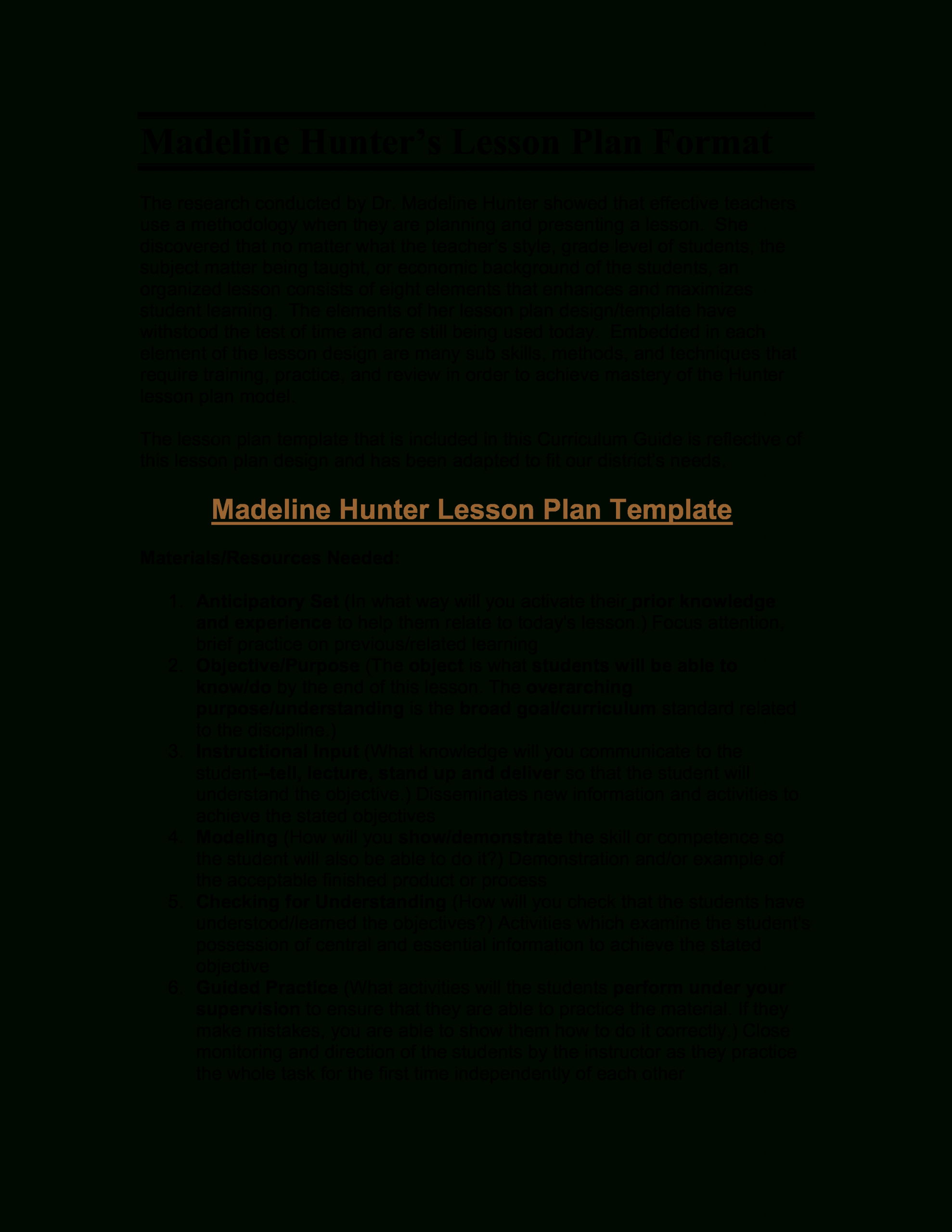 Microsoft Word - Madeline Hunter&amp;#039;s Lesson Plan Format