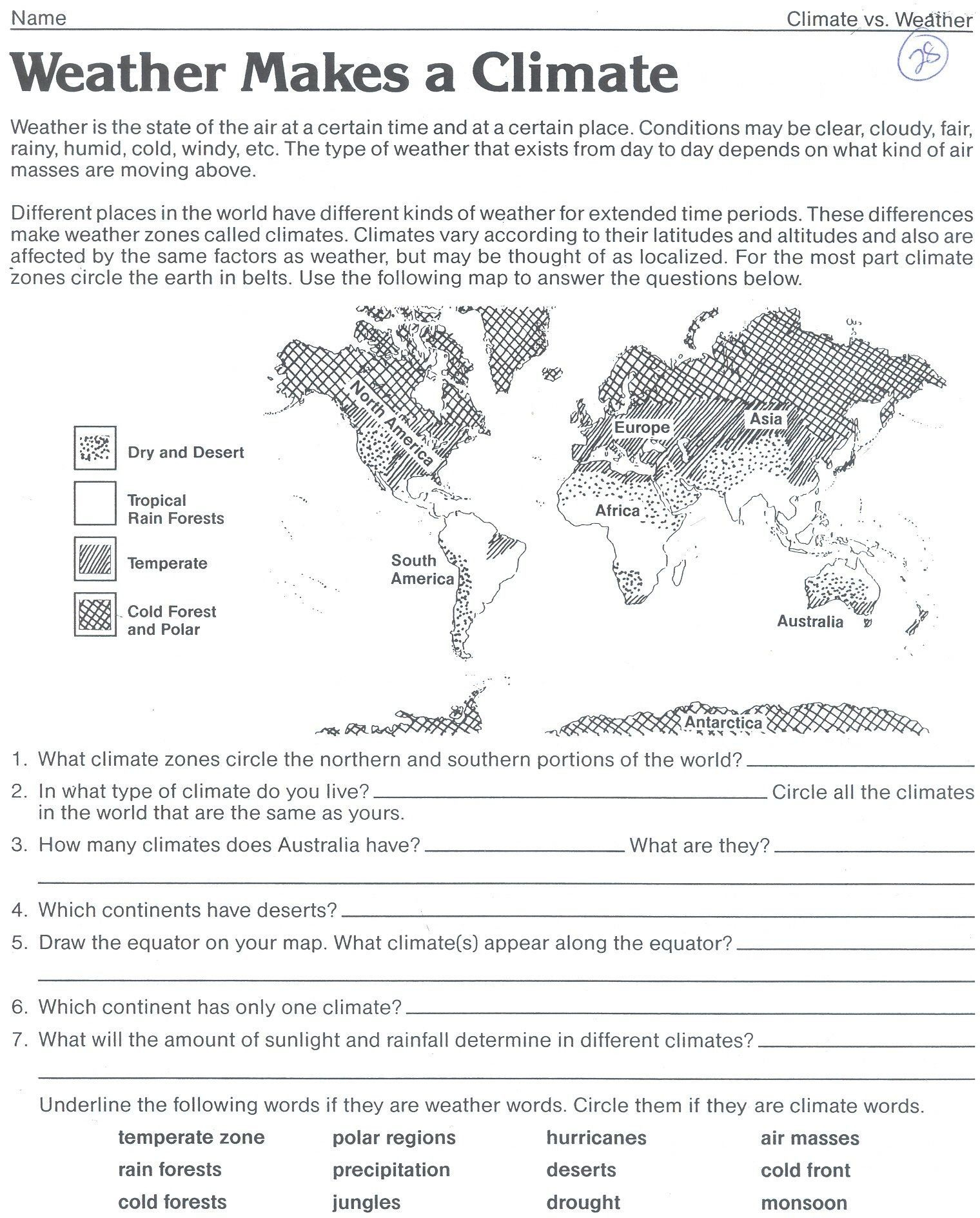 Middle School Weather Worksheet Save Climate Zones Worksheet