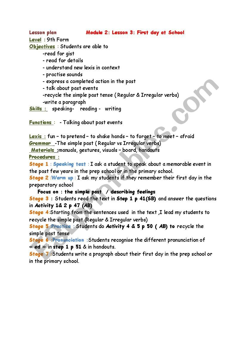 Module 2/ Lesson 3: First Day At School - Esl Worksheeteyyaa