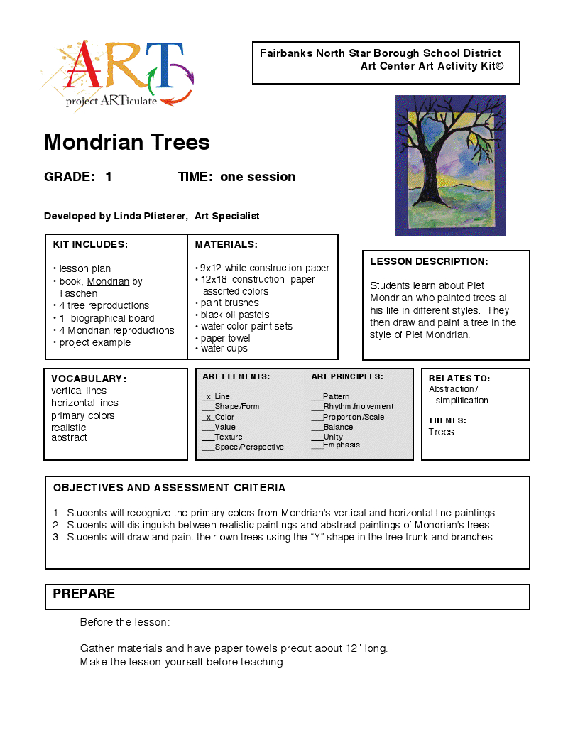 Mondrian Trees.doc | Abstract Art Lesson, Art Lesson Plans