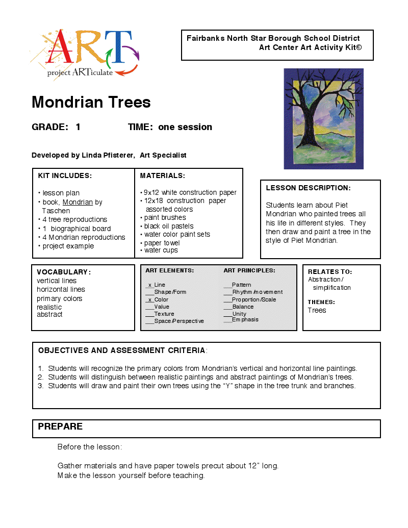 Mondrian Trees.doc Gr 1 | Art Lessons Elementary, Abstract