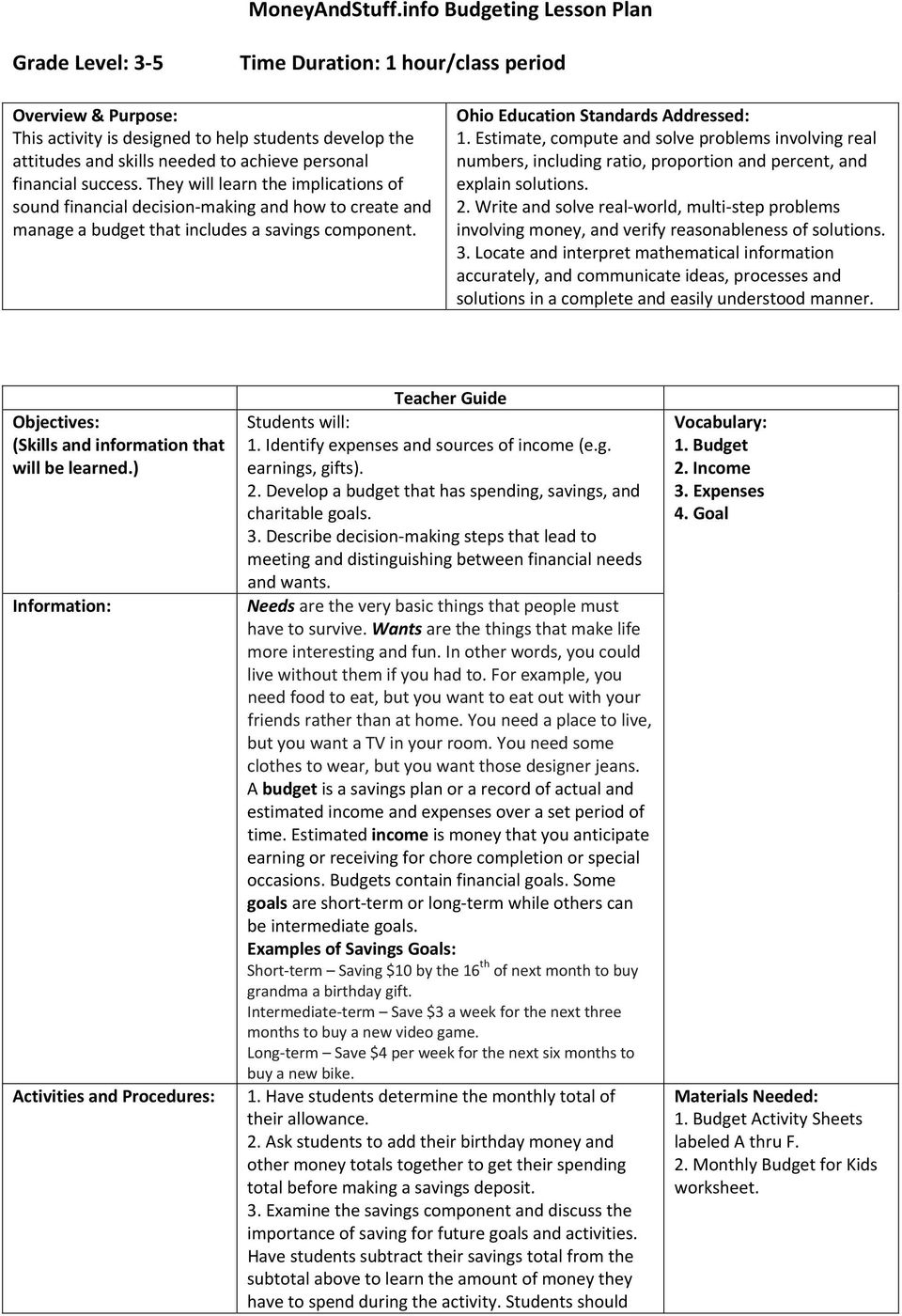 Moneyandstuff Budgeting Lesson Plan - Pdf Free Download