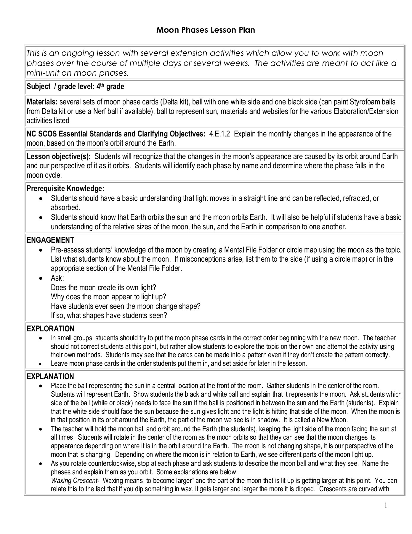 Moon Phases Lesson Plan - Schoolwires Pages 1 - 3 - Text