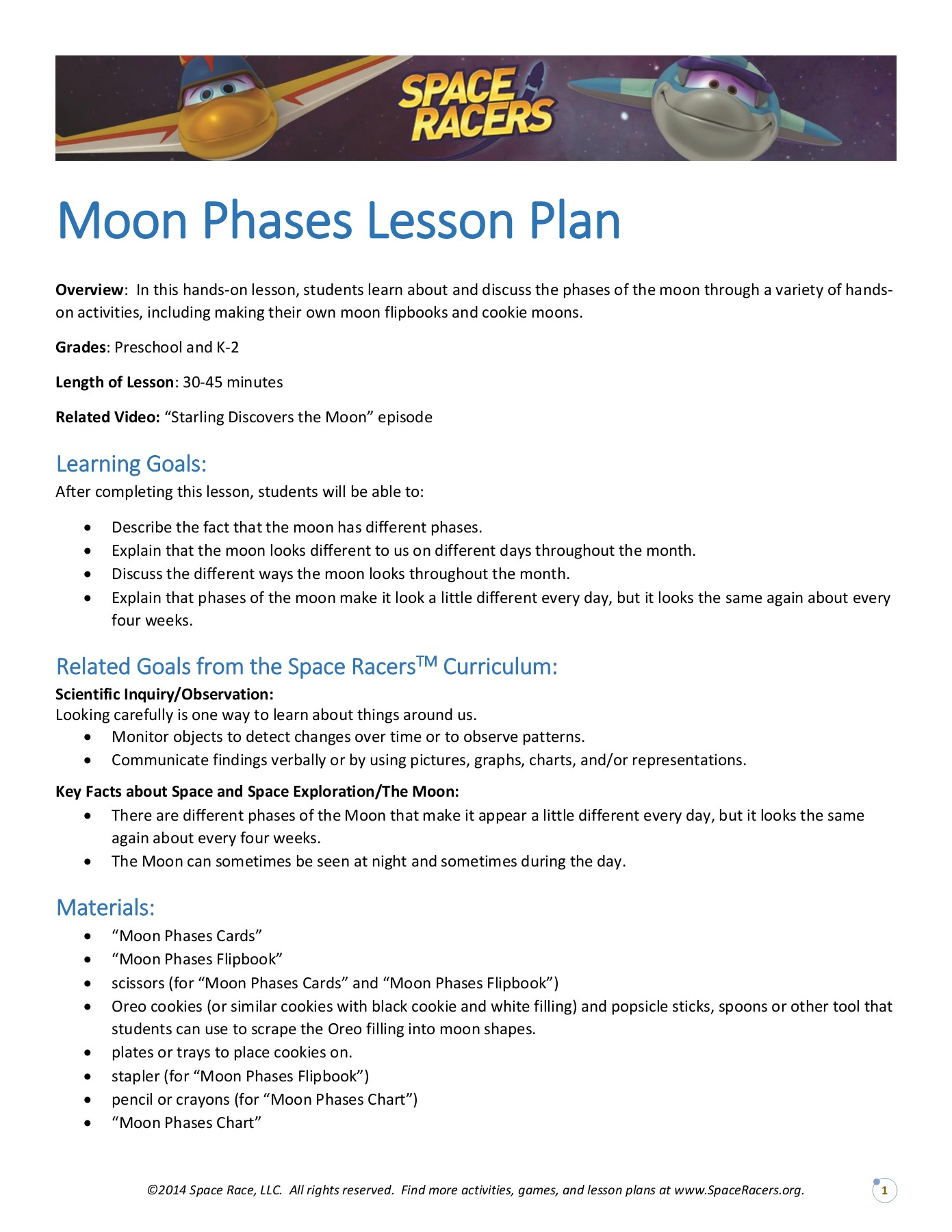 Moon Phases Lesson Plan - Space Racers Pages 1 - 6 - Text