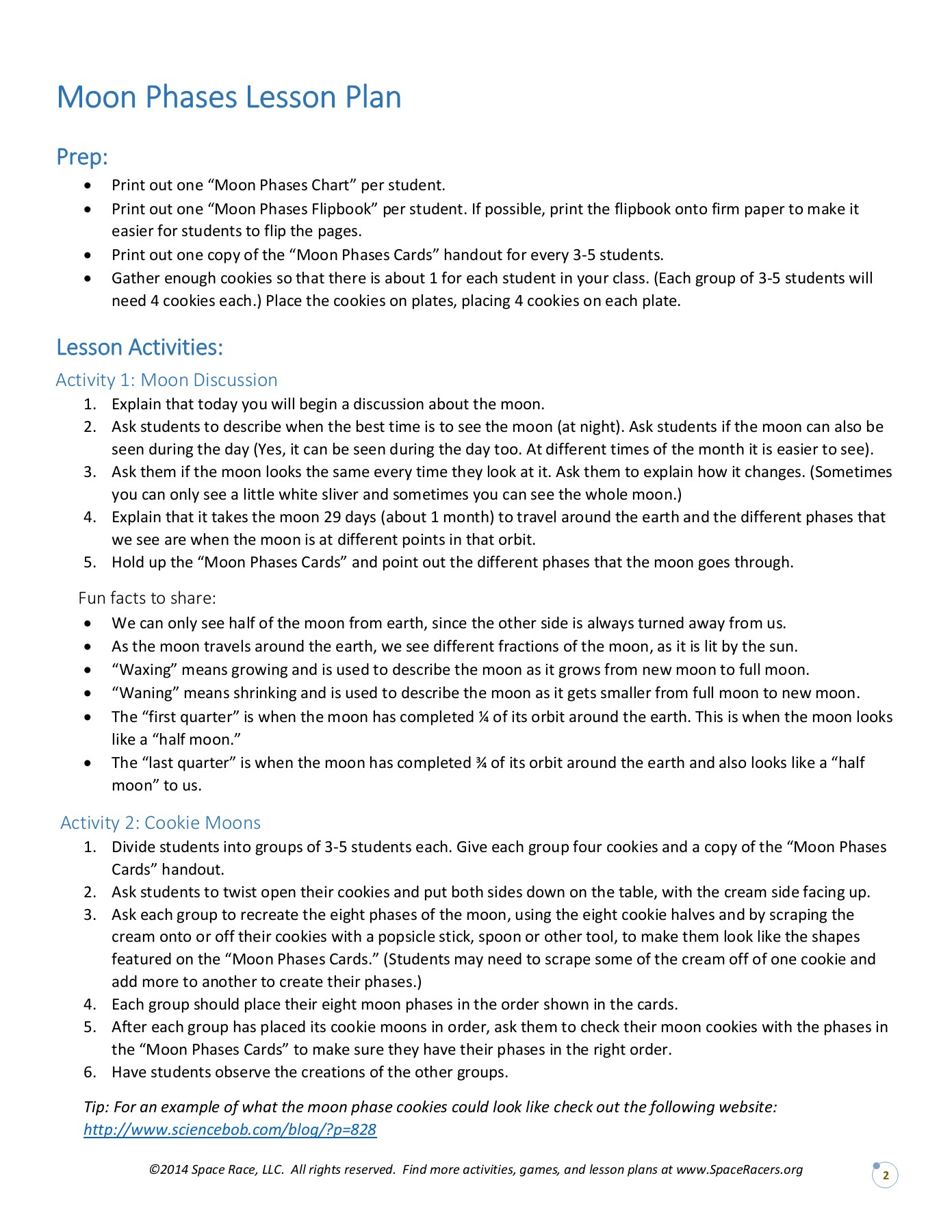 Moon Phases Lesson Plan - Space Racers Pages 1 - 6 - Text