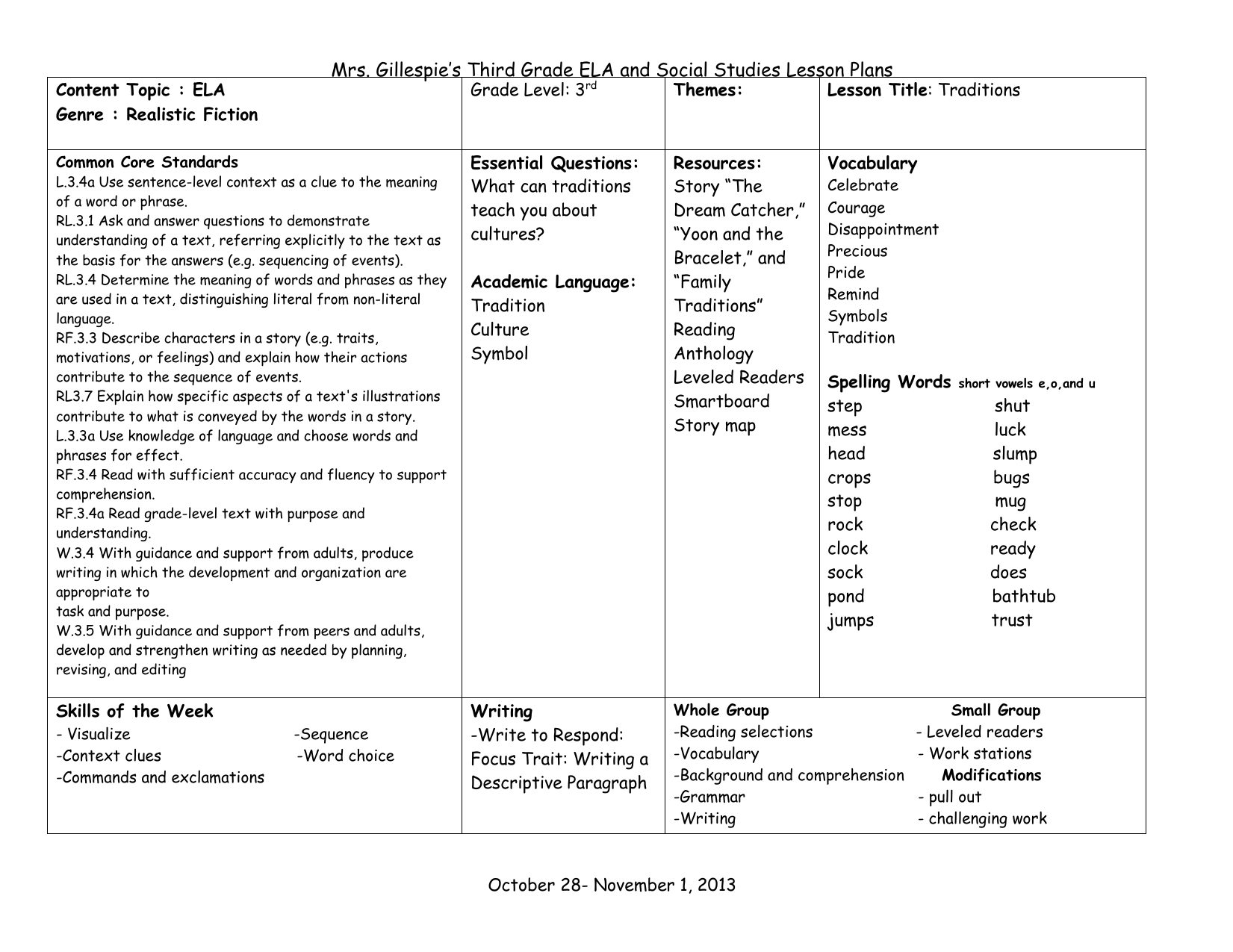 Mrs. Gillespie`s Third Grade Ela And Social Studies Lesson Plans