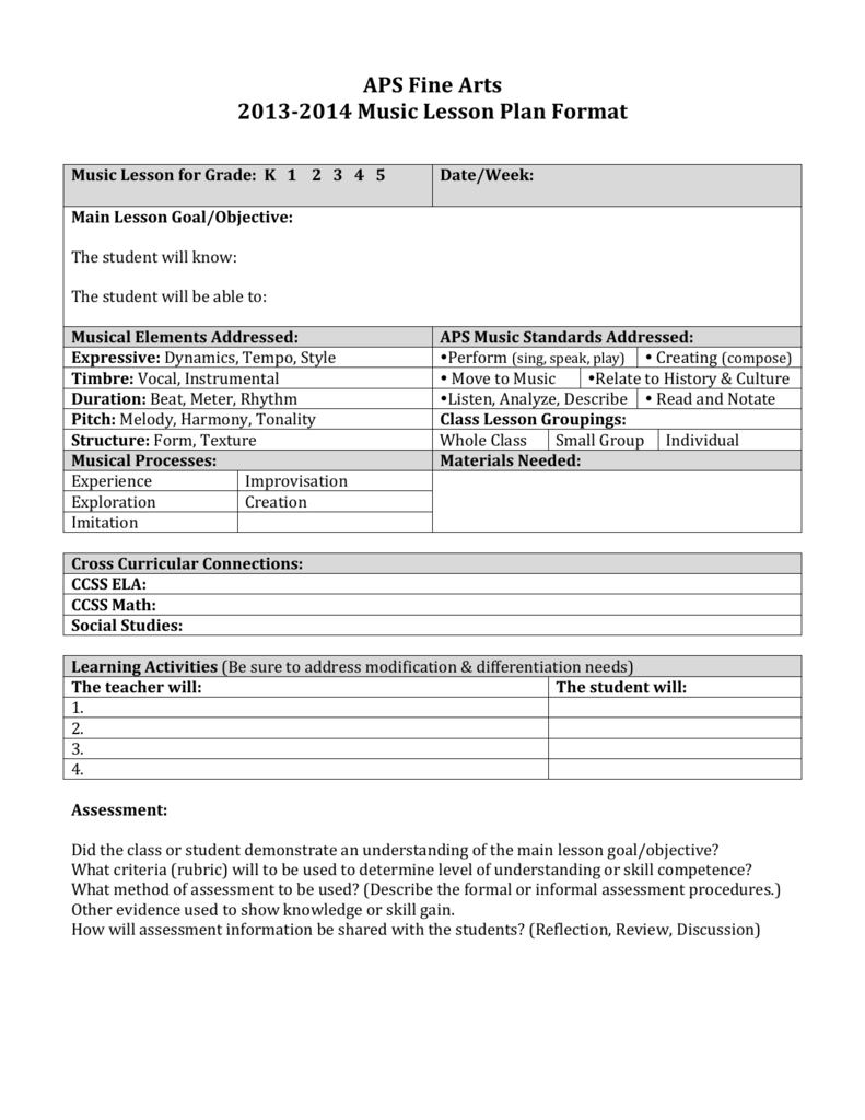 Music Lesson Plan Template 2013